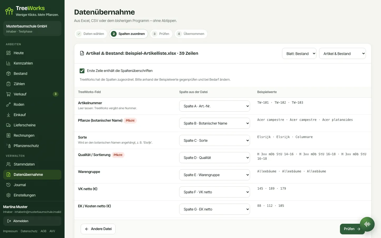 TreeWorks am Laptop: Datenübernahme aus einer Excel-Datei mit automatisch zugeordneten Spalten