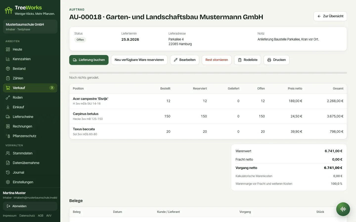 TreeWorks am Laptop: Auftrag mit Positionen, reservierter Menge, Warenwert und den Knöpfen für Lieferung und Rodeliste