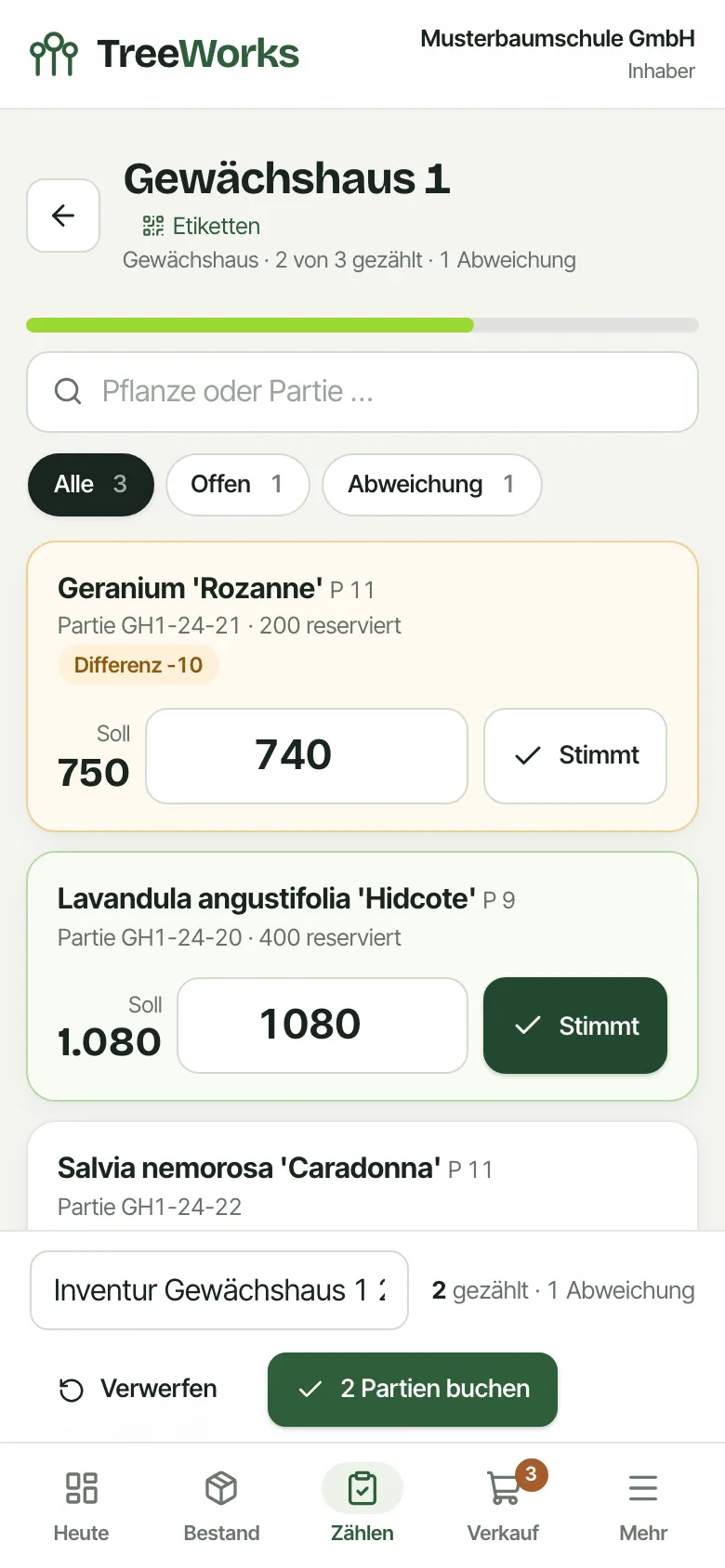 TreeWorks auf dem Handy: Zählung im Gewächshaus mit Soll, Ist und einer Abweichung von minus zehn
