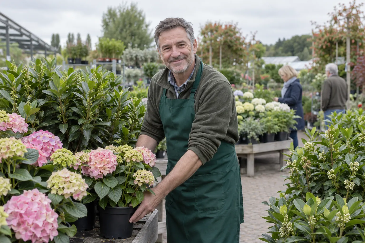 Mitarbeiter eines Gartencenters mit grüner Schürze stellt Hortensien im Außenbereich auf